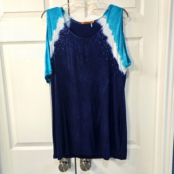 Belldini Open Sleeved Aqua, Navy Blue & White short sleeved shirt w Bling Large - Picture 1 of 9
